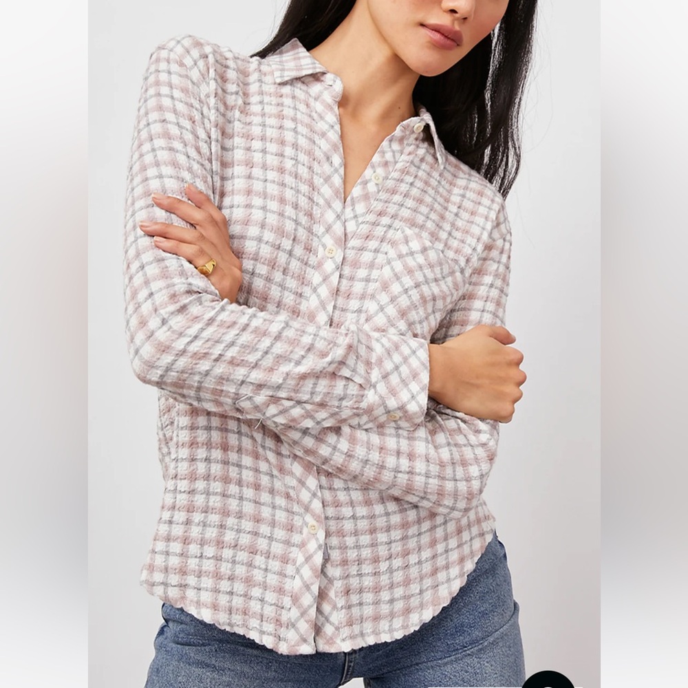 EUC Women’s Rails Brady Seersucker Plaid Powder Steel Blush Button down Shirt S